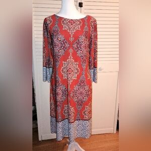 Suite 7 Orange Paisley Long Sleeve Dress Size 8